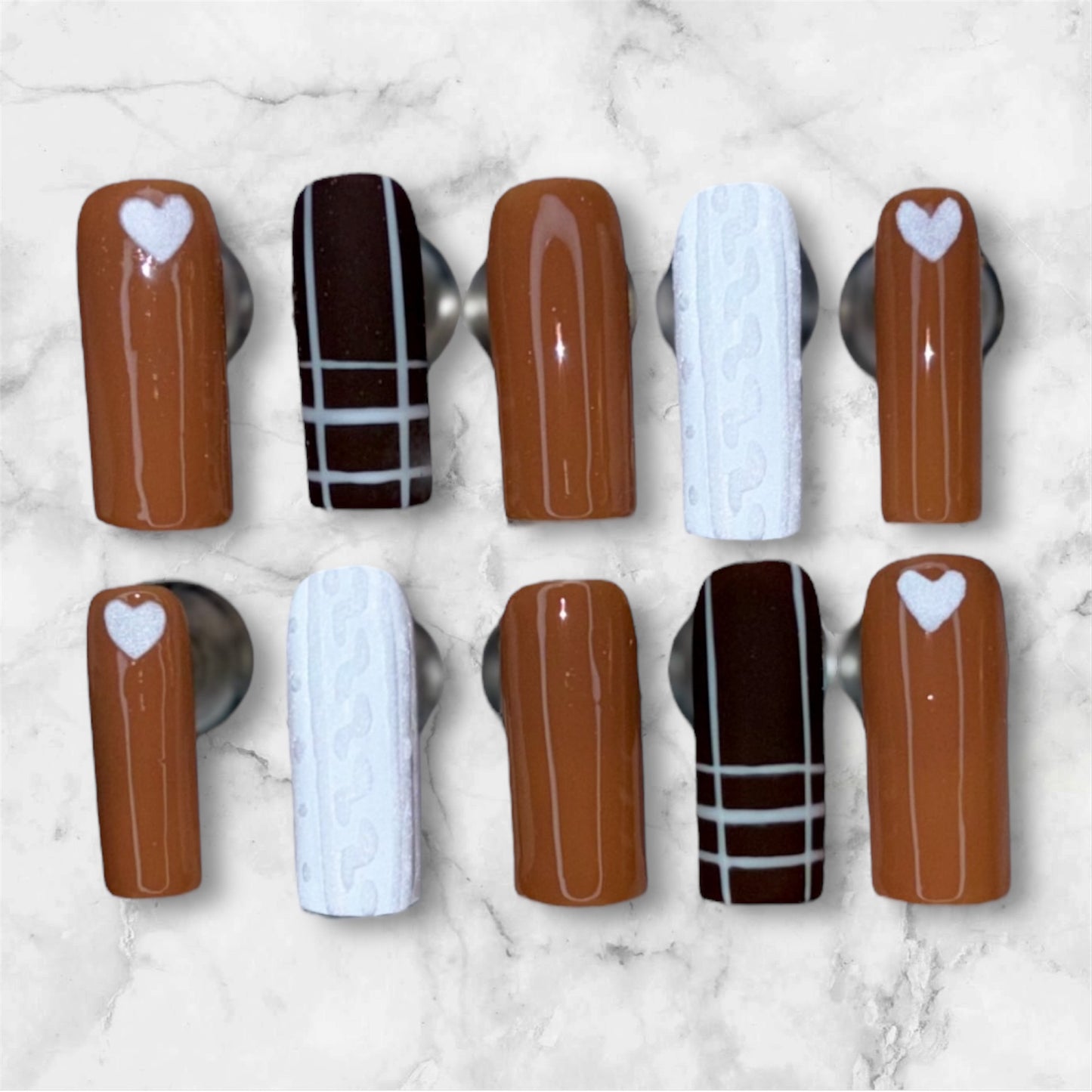 Brown and White Sweater Nail Set