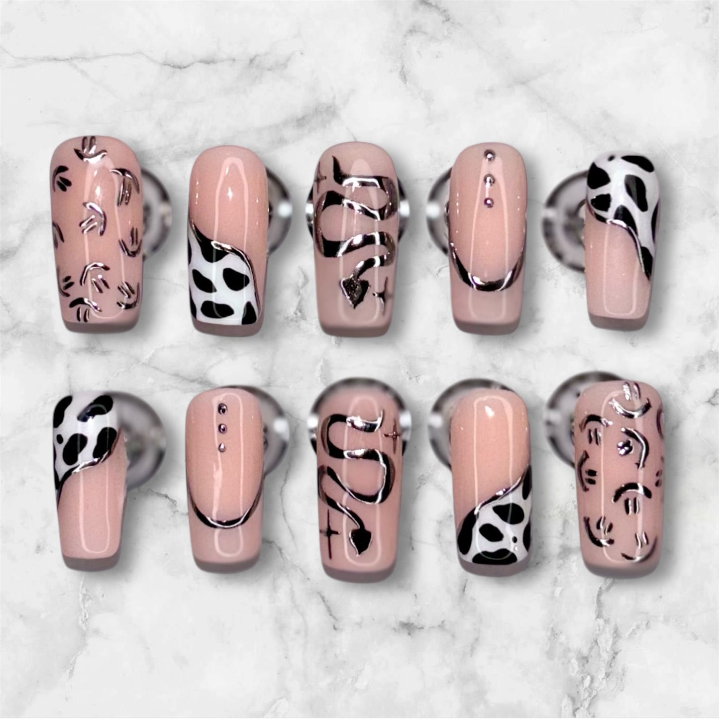 Cow Print and Silver Chrome Nail Set