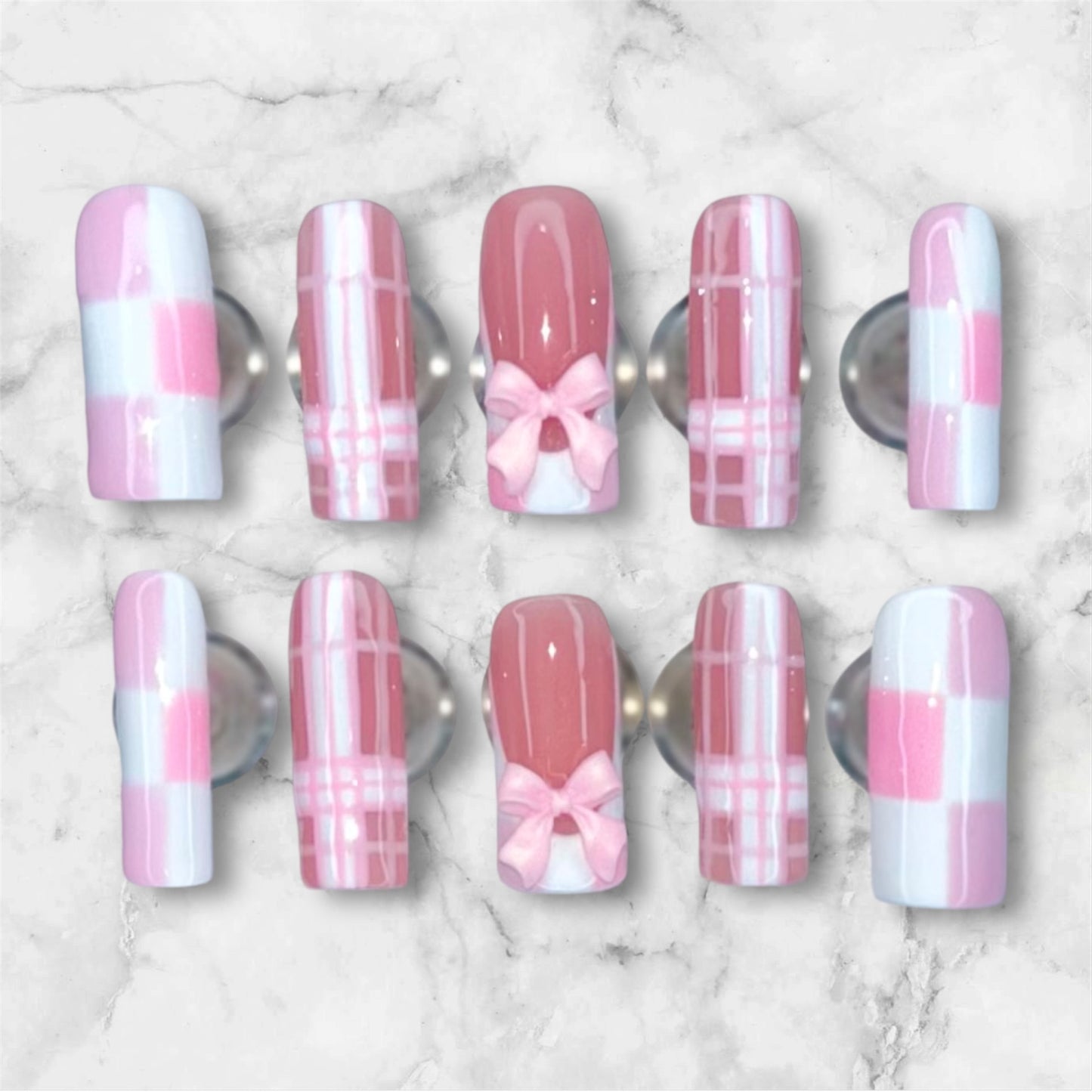 Pink Checkered and Plaid Nail Set
