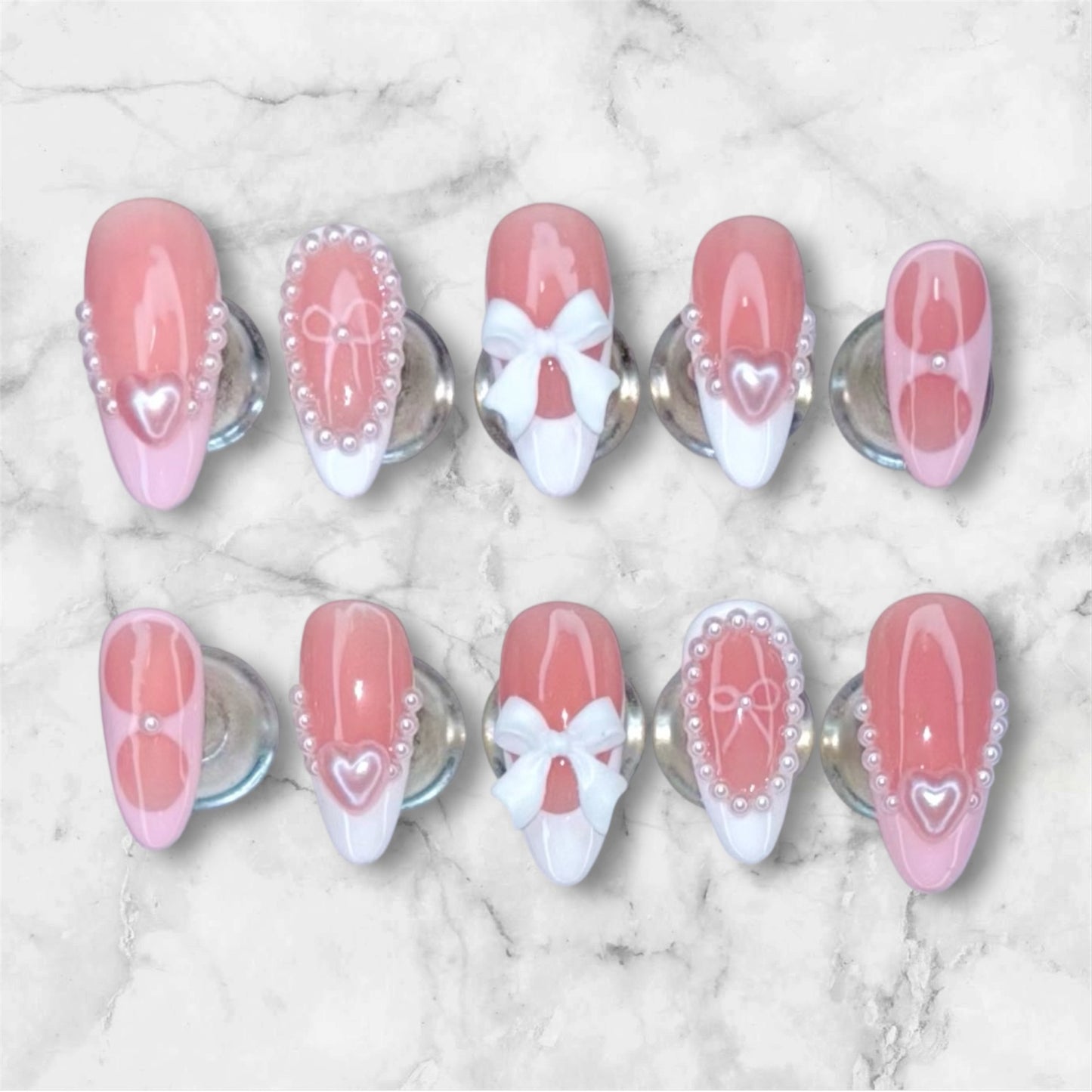 Pink and White Pearl and Bow Nail Set