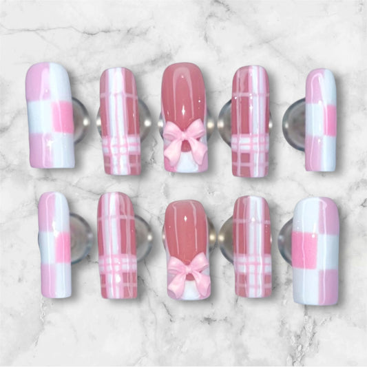 Pink Checkered and Plaid Nail Set