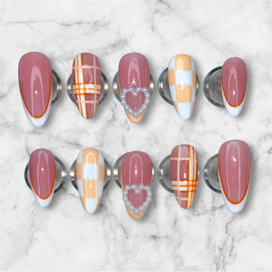 Orange Plaid and Checkered Nail Set