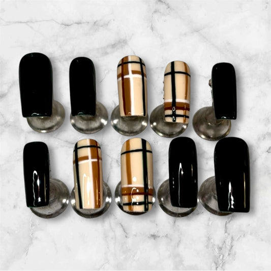 Striped Green and Brown Fall Nail Set