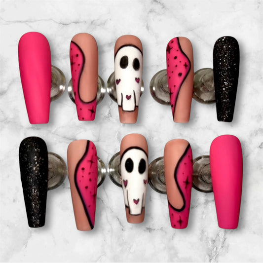 Hot Pink Ghost Halloween Nail Set