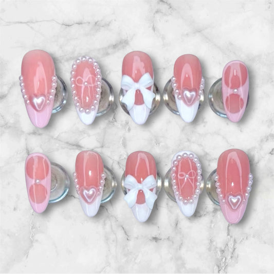 Pink and White Pearl and Bow Nail Set